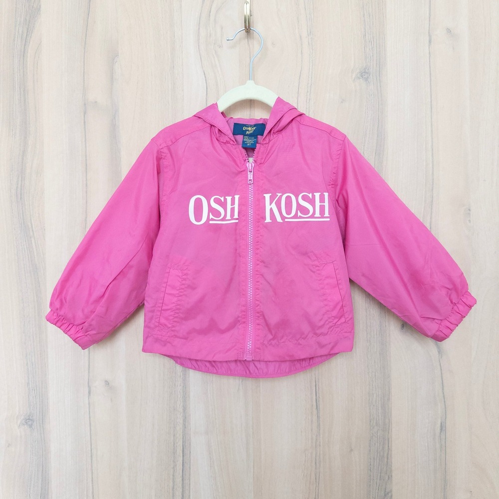 Vintage OshKosh B'gosh Girls Windbreaker 2T Pink Hooded Full Zip Jacket Retro